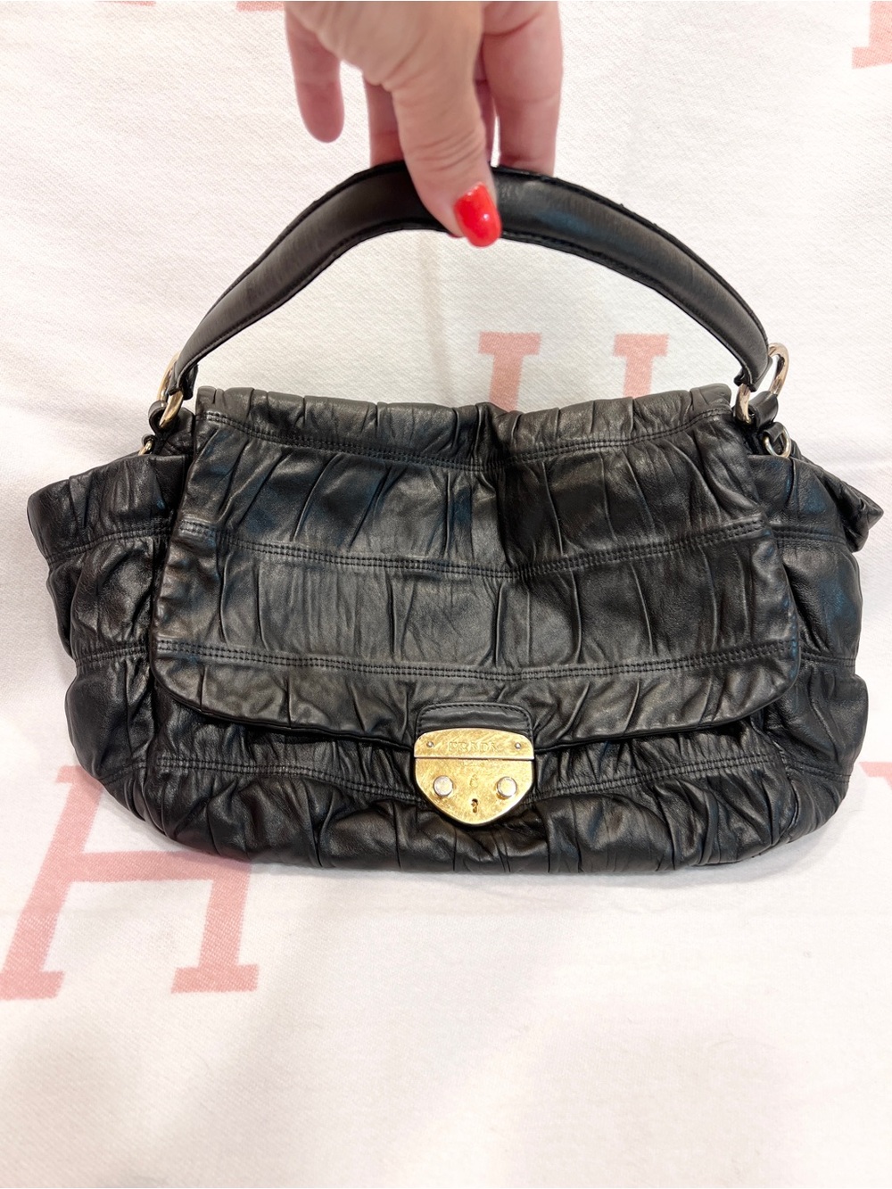 PRADA⭐️ Ruched Leather Shoulder Bag with Gold Turn-Lock!